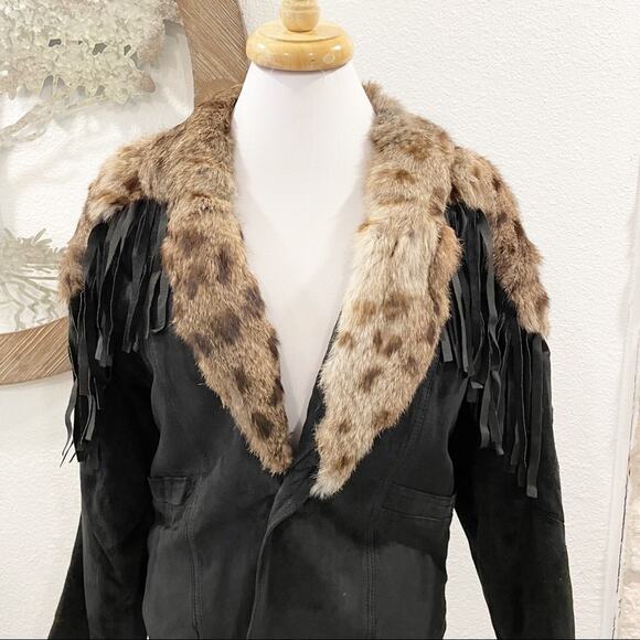 Vintage Polo Norte Black Suede Leather Fur Fringed Jacket 14 - Picture 2 of 9
